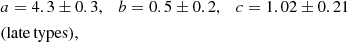 $$ \begin{aligned}&a = 4.3 \pm 0.3, \quad b = 0.5 \pm 0.2, \quad c = 1.02 \pm 0.21 \nonumber \\&\mathrm{(late\,types)}, \end{aligned} $$