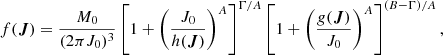$$ \begin{aligned} f({\boldsymbol{J}}) = \frac{M_0}{(2\pi J_0)^3} \left[1+\left(\frac{J_0}{h({\boldsymbol{J}})}\right)^{A}\right]^{\Gamma /{A}} \left[1+\left(\frac{g({\boldsymbol{J}})}{J_0}\right)^{A}\right]^{({B}-\Gamma )/{A}}, \end{aligned} $$