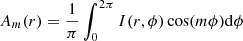 $$ \begin{aligned} A_m(r)=\frac{1}{\pi }\int _0^{2\pi } I(r,\phi )\cos ({m\phi }) \mathrm{d}\phi \end{aligned} $$