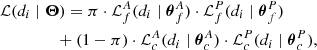 $$ \begin{aligned}&\mathcal{L} (d_i\mid \boldsymbol{\Theta })= \pi \cdot \mathcal{L} _f^A(d_i\mid \boldsymbol{\theta }_f^A)\cdot \mathcal{L} _f^P(d_i\mid \boldsymbol{\theta }_f^P) \nonumber \\&\qquad \qquad \ +(1-\pi )\cdot \mathcal{L} _c^A(d_i\mid \boldsymbol{\theta }_c^A) \cdot \mathcal{L} _c^P(d_i\mid \boldsymbol{\theta }_c^P), \end{aligned} $$