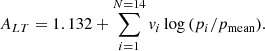 $$ \begin{aligned} A_{LT}=1.132+ \sum _{i=1}^{N=14} {v}_i \log {\left(p_i/p_{\text{mean}}\right)}. \end{aligned} $$