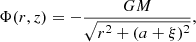 $$ \begin{aligned} \Phi (r,z)=-\frac{GM}{\sqrt{r^2+(a+\xi )^2}}, \end{aligned} $$