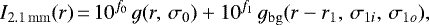 \begin{equation*} I_{\rm{2.1\,mm}}(r)\,{=}\,10^{f_0}\,g(r, \,\sigma_0) + 10^{f_1}\,g_{\rm{bg}}(r-r_1, \,\sigma_{1i}, \,\sigma_{1o}) \text{,}\end{equation*}