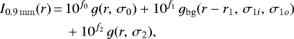 \begin{equation*} \begin{aligned} I_{\rm{0.9\,mm}}(r)\,{=}\, & 10^{f_0}\,g(r, \,\sigma_0) + 10^{f_1}\,g_{\rm{bg}}(r-r_1, \,\sigma_{1i}, \,\sigma_{1o}) \\ & + 10^{f_2}\,g(r, \,\sigma_2) \text{,} \end{aligned}\end{equation*}