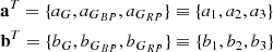 $$ \begin{aligned}&\mathbf a ^T = \{a_G, a_{G_{BP}}, a_{G_{RP}}\} \equiv \{a_1, a_2, a_3\} \nonumber \\&\mathbf b ^T = \{b_G, b_{G_{BP}}, b_{G_{RP}}\} \equiv \{b_1, b_2, b_3\} \end{aligned} $$