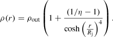 $$ \begin{aligned} \rho (r) = \rho _{\rm out}\left(1 + \frac{(1/\eta - 1)}{\cosh {\left(\frac{r}{R_{\rm j}}\right)^4}}\right). \end{aligned} $$