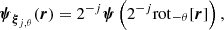 $$ \begin{aligned} \boldsymbol{\psi }_{\boldsymbol{\xi }_{j,\theta }}(\boldsymbol{r}) = 2^{-j}\boldsymbol{\psi }\left(2^{-j}\mathrm{rot}_{-\theta }[\boldsymbol{r}]\right), \end{aligned} $$