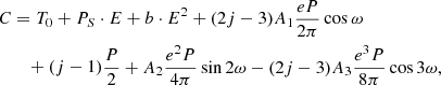 $$ \begin{aligned}&C = T_0 + P_S \cdot E + b \cdot E^2 +(2j - 3) A_1 \frac{eP}{2\pi } \cos {\omega } \nonumber \\&\qquad + (j - 1) \frac{P}{2} + A_2 \frac{e^2P}{4\pi }\sin {2\omega } - (2j-3)A_3\frac{e^3P}{8\pi } \cos {3\omega ,} \end{aligned} $$