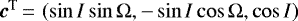 $\vec{c}^{\textrm{T}}\,{=}\,\left(\sin I\sin\Omega,-\sin I\cos\Omega,\cos I\right)$