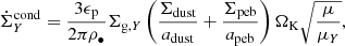 $$ \begin{aligned} \dot{\Sigma }^{\mathrm{cond} }_{Y} = \frac{3\epsilon _{\rm p}}{2\pi \rho _\bullet }\Sigma _{{\mathrm{g},Y}}\left(\frac{\Sigma _{\rm dust}}{a_{\rm dust}}+\frac{\Sigma _{\rm peb}}{a_{\rm peb}}\right)\Omega _{\rm K}\sqrt{\frac{\mu }{\mu _{Y}}}, \end{aligned} $$