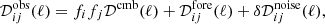 $$ \begin{aligned} \mathcal{D} ^\mathrm{obs}_{ij}(\ell ) = f_if_j\mathcal{D} ^\mathrm{cmb}(\ell ) + \mathcal{D} ^\mathrm{fore}_{ij}(\ell ) + \delta \mathcal{D} _{ij}^\mathrm{noise}(\ell ), \end{aligned} $$