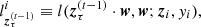 $$ \begin{aligned}&l_{\boldsymbol{z}_{\tau }^{(t-1)}}^i \equiv l(\boldsymbol{z}_{\tau }^{(t-1)}\cdot \boldsymbol{w}, \boldsymbol{w};\boldsymbol{z}_i, { y}_i), \end{aligned} $$