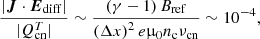 $$ \begin{aligned} \frac{|\boldsymbol{J} \cdot \boldsymbol{E}_{\mathrm{diff}}|}{|Q_{\mathrm{cn}}^{T}|} \sim \frac{\left(\gamma - 1\right) B_{\mathrm{ref}}}{\left(\Delta x\right)^{2}e \upmu _{0} n_{\mathrm{c}} \nu _{\mathrm{cn}}} \sim 10^{-4}, \end{aligned} $$