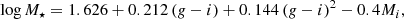 $$ \begin{aligned} \log M_{\star } = 1.626 + 0.212\left(g-i\right) +0.144\left(g-i\right)^{2} - 0.4M_{i}, \end{aligned} $$