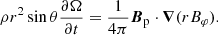 $$ \begin{aligned} \rho r^2 \sin {\theta }\frac{\partial \Omega }{\partial t}=\frac{1}{4\pi }{\boldsymbol{B}}_{\rm p}\cdot {\boldsymbol{\nabla }}(rB_\varphi ). \end{aligned} $$