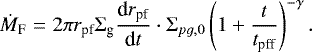 \begin{eqnarray*} \dot{M}_{\textrm{F}} & = & 2\pi r_{\textrm{pf}}\Sigma_{\textrm{g}} \frac{\textrm{d}r_{\textrm{pf}}}{\textrm{d}t} \cdot\Sigma_{pg,0}\left(1+\frac{t}{t_{\textrm{pff}}}\right)^{-\gamma}.\end{eqnarray*}