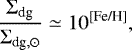 \begin{equation*} \frac{\Sigma_{\textrm{dg}}}{\Sigma_{\textrm{dg},\odot}}\simeq10^{\textrm{[Fe/H]}}, \end{equation*}