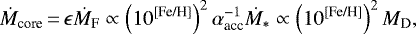 \begin{equation*} \dot{M}_{\textrm{core}}\,{=}\,\epsilon\dot{M}_{\textrm{F}}\propto\left(10^{\textrm{[Fe/H]}}\right)^{2}\alpha_{\textrm{acc}}^{-1}\dot{M}_{*}\propto\left(10^{\textrm{[Fe/H]}}\right)^{2}M_{\textrm{D}},\end{equation*}