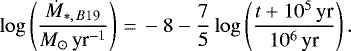 \begin{equation*} \log\left(\frac{\dot{M}_{*,\,B19}}{M_{\odot}\,\textrm{yr}^{-1}}\right)\,{=}\,-8-\frac{7}{5}\log\left(\frac{t+10^{5}\,\textrm{yr}}{10^{6}\,\textrm{yr}}\right).\end{equation*}