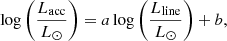 $$ \begin{aligned} \log \left( \frac{L_{\rm acc}}{{L}_\odot }\right) = a \log \left( \frac{L_{\rm line}}{{L}_\odot } \right) + b , \end{aligned} $$