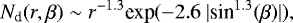\begin{equation*}N_{\textrm{d}}(r, \beta) \sim r^{-1.3} \textrm{exp}{(-2.6~|\textrm{sin}^{1.3} (\beta)|)}, \end{equation*}