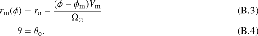 \begin{align*} r_{\textrm{m}}(\phi) &= r_{\textrm{o}} - \frac{(\phi - \phi_{\textrm{m}}) V_{\textrm{m}}}{\Omega_{\odot}} \\ \theta &= \theta_{\textrm{o}}. \end{align*}