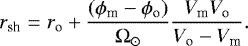 \begin{eqnarray*} r_{\textrm{sh}} & = & r_{\textrm{o}} + \frac{(\phi_{\textrm{m}} - \phi_{\textrm{o}})}{\Omega_{\odot}} \frac{V_{\textrm{m}} V_{\textrm{o}}}{V_{\textrm{o}} - V_{\textrm{m}}}.\end{eqnarray*}