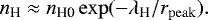 \begin{eqnarray*} n_{\textrm{H}} \approx n_{\textrm{H0}} \exp(-\lambda_{\textrm{H}}/r_{\mathrm{peak}}). \end{eqnarray*}