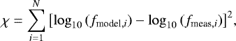 \begin{equation*} \chi=\sum_{i=1}^N{\left[\log_{10}{(f_{\textrm{model},i})}-\log_{10}{(f_{\textrm{meas},i})}\right]^2}, \end{equation*}