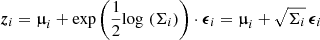 $ \boldsymbol{z}_i = \boldsymbol{{\upmu}}_i + \mathrm{exp}\left(\frac{1}{2} \mathrm{log}\,\left(\Sigma_i \right)\right) \cdot \boldsymbol{\epsilon}_i = \boldsymbol{{\upmu}}_i + \sqrt{\Sigma_i} \, \boldsymbol{\epsilon}_i $