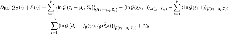 $$ \begin{aligned} D_{\rm KL}[Q_{\boldsymbol{\Phi }}(\cdot ) \mid \mid P(\cdot )]&= \sum _{i=1}^p \, \left\langle \ln \mathcal{G} \left(\boldsymbol{z}_i - \boldsymbol{\upmu }_i, \Sigma _i \right) \right\rangle _{\mathcal{G} \left(\boldsymbol{z}_i - \boldsymbol{\upmu }_i, \Sigma _i \right)} - \left\langle \ln \mathcal{G} ( \xi _N, 1) \right\rangle _{\delta ( \xi _N - \widehat{ \xi }_N)} - \sum _{i=1}^{p} \left\langle \, \ln \mathcal{G} (\boldsymbol{z}_i, {1}) \right\rangle _{\mathcal{G} (\boldsymbol{z}_i - \boldsymbol{\upmu }_i, \Sigma _i)}\nonumber \\&\quad - \sum _{i=1}^{p} \left\langle \ln \mathcal{G} \left(\boldsymbol{d}_i - f_{\widehat{\boldsymbol{\theta }}}(z_i), t_{\boldsymbol{\psi }}(\widehat{\xi }_N) \right) \right\rangle _{\mathcal{G} (\boldsymbol{z}_i - \boldsymbol{\upmu }_i, \Sigma _i)} + \mathcal{H} _0, \end{aligned} $$
