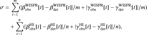 \begin{align*} \sigma =&\, \sum_{t=1}^{m}(|\beta_{\textrm{obs}}^{\textrm{WISPR}}[t]-\beta_{\textrm{der}}^{\textrm{WISPR}}[t]|/m&#x002B;|\gamma_{\textrm{obs}}^{\textrm{WISPR}}[t]-\gamma_{\textrm{der}}^{\textrm{WISPR}}[t]|/m)\ \nonumber\\ &&#x002B;\sum_{t=1}^{n}(|\beta_{\textrm{obs}}^{\textrm{HI}}[t]-\beta_{\textrm{der}}^{\textrm{HI}}[t]|/n&#x002B;|\gamma_{\textrm{obs}}^{\textrm{HI}}[t]-\gamma_{\textrm{der}}^{\textrm{HI}}[t]|/n),\end{align*}