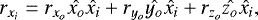 \begin{equation*} r_{x_i} = r_{x_o} \hat{x_o} \hat{x_i} &#x002B; r_{y_o} \hat{y_o} \hat{x_i} &#x002B; r_{z_o} \hat{z_o}\hat{x_i}, \end{equation*}