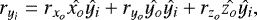 \begin{equation*} r_{y_i} = r_{x_o} \hat{x_o} \hat{y_i} &#x002B; r_{y_o} \hat{y_o} \hat{y_i} &#x002B; r_{z_o} \hat{z_o}\hat{y_i}, \end{equation*}
