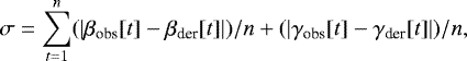 \begin{equation*} \sigma = \sum_{t=1}^{n}(|\beta_{\textrm{obs}}[t]-\beta_{\textrm{der}}[t]|)/n&#x002B;(|\gamma_{\textrm{obs}}[t]-\gamma_{\textrm{der}}[t]|)/n,\end{equation*}
