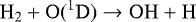 \begin{equation*} \rm{H}_2 + O(^1 D) \rightarrow OH + H\end{equation*}