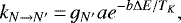 \begin{equation*} k_{N \rightarrow N'}\,{=}\,g_{N'} a e^{-b \Delta E/T_K}, \end{equation*}