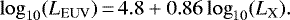 \begin{equation*} \log_{10}({L}_{\textrm{EUV}}) \,{=}\, 4.8 + 0.86 \log_{10} ({L}_{\textrm{X}}).\end{equation*}