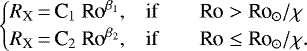 \begin{equation*} \begin{cases} {R}_{\textrm{X}} \,{=}\, \textrm{C}_{1}~ \textrm{Ro}^{\beta_{1}},\qquad & \textrm{if} \qquad {\textrm{Ro} > \textrm{Ro}}_{\odot}/\chi\\ {R}_{\textrm{X}} \,{=}\, \textrm{C}_{2} ~\textrm{Ro}^{\beta_{2}},\qquad & \textrm{if} \qquad {\textrm{Ro} \leq {\textrm{Ro}}}_{\odot}/\chi.\\ \end{cases}\end{equation*}