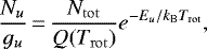 \begin{equation*} \frac{N_u}{g_u}\,{=}\,\frac{N_{\mathrm{tot}}}{Q(T_{\mathrm{rot}})} e^{-E_u/k_{\mathrm{B}}T_{\mathrm{rot}}},\end{equation*}