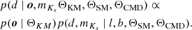 $$ \begin{aligned}&p(d\ |\ \boldsymbol{o}, m_{K_s} \Theta _{\mathrm{KM} }, \Theta _{\mathrm{SM} }, \Theta _{\mathrm{CMD} }) \propto \nonumber \\&p(\boldsymbol{o} \ |\ \Theta _{KM}) p(d, m_{K_s} \ |\ l, b, \Theta _{\mathrm{SM} }, \Theta _{\mathrm{CMD} }). \end{aligned} $$