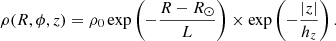 $$ \begin{aligned} \rho (R,\phi ,z) =\rho _0 \exp \left( -\frac{R-R_{\odot }}{L} \right) \times \exp \left(-\frac{|z|}{h_z} \right) .\end{aligned} $$