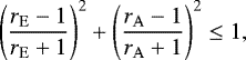 \begin{equation*} \left(\frac{{r_{\mathrm{E}}}-1}{{r_{\mathrm{E}}}+1}\right)^2+\left(\frac{{r_{\mathrm{A}}}-1}{{r_{\mathrm{A}}}+1}\right)^2\leq1, \end{equation*}