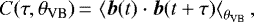 \begin{equation*} C(\tau,\theta_{\textrm{VB}}) \,{=}\, \left\langle{\vec{b}(t)\cdot\vec{b}(t&#x002B;\tau)}\right\langle_{\theta_{\textrm{VB}}}, \end{equation*}