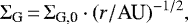 \begin{equation*}\Sigma_{\textrm{G}}\,{=}\,\Sigma_{\textrm{G,0}}\cdot(r/\text{AU})^{-1/2},\end{equation*}