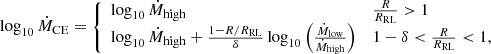 $$ \begin{aligned} \log _{10}\dot{M}_{\rm CE}= {\left\{ \begin{array}{ll} \log _{10}\dot{M}_{\rm high}&\frac{R}{R_{\rm RL}} > 1\\ \log _{10}\dot{M}_{\rm high} + \frac{1-R/R_{\rm RL}}{\delta }\log _{10}\left(\frac{\dot{M}_{\rm low}}{\dot{M}_{\rm high}}\right)&1-\delta < \frac{R}{R_{\rm RL}} < 1, \end{array}\right.} \end{aligned} $$