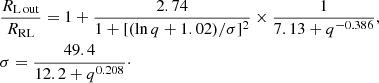 $$ \begin{aligned}&\frac{R_{\rm L\,out}}{R_{\rm RL}}=1+\frac{2.74}{1+[(\ln q + 1.02)/\sigma ]^2}\times \frac{1}{7.13+q^{-0.386}}, \nonumber \\&\sigma = \frac{49.4}{12.2+q^{0.208}}\cdot \end{aligned} $$