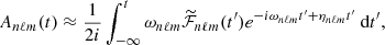 $$ \begin{aligned} A_{n\ell m}(t)\approx \frac{1}{2 i}\int _{-\infty }^t \omega _{n\ell m} \widetilde{\mathcal{F} }_{n\ell m}(t^\prime ) e^{-i\omega _{n\ell m} t^\prime +\eta _{n\ell m} t^\prime } {\text{ d}}t^\prime , \end{aligned} $$