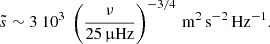 $$ \begin{aligned} \tilde{s} \sim 3\ 10^{3} \ \left( \frac{\nu }{25\,\upmu \mathrm{Hz}}\right)^{-3/4}\,\mathrm{m}^2\,\mathrm{s}^{-2} \,\mathrm{Hz}^{-1}. \end{aligned} $$