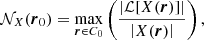 $$ \begin{aligned} \mathcal{N} _X(\boldsymbol{r}_0)=\max _{\boldsymbol{r}\in C_0} \left( \frac{\left|\mathcal{L} [X(\boldsymbol{r})]\right|}{ \left|X(\boldsymbol{r})\right| }\right), \end{aligned} $$